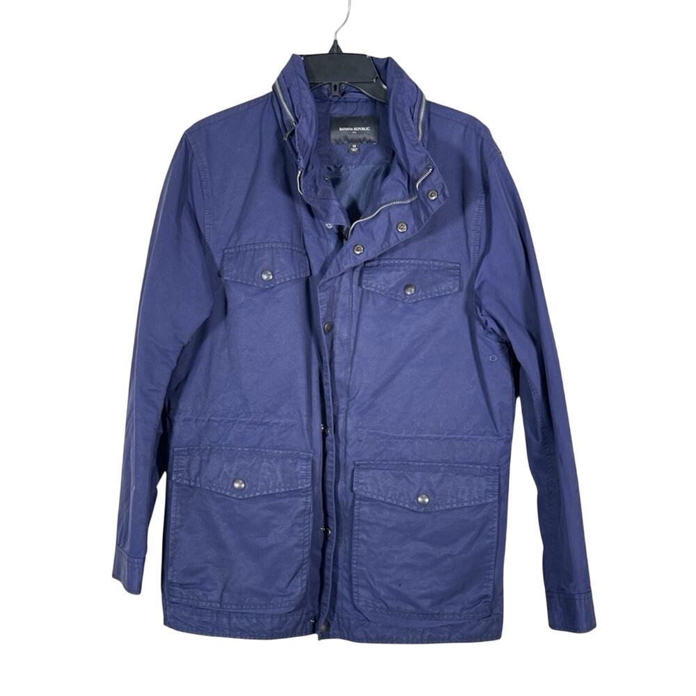 Banana Republic Navy Blue Field Jacket Mens M Hidden Hood Classic Rain Coat
